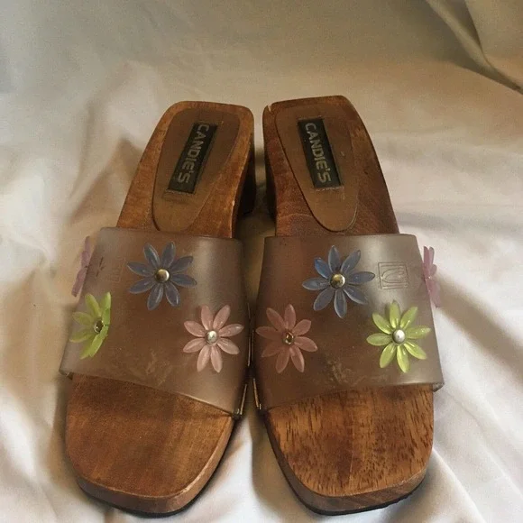 Candies Jelly Clog Clear Wooden Slide Sandal VTG Floral Chunky Womens Size 6 - Picture 7 of 8